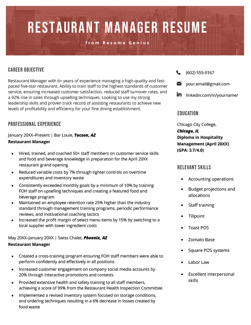 Restaurant Manager Resume Example And Tips For Writing 