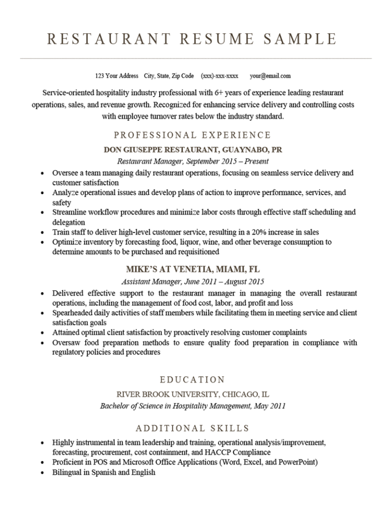 resume description for restaurant general manager