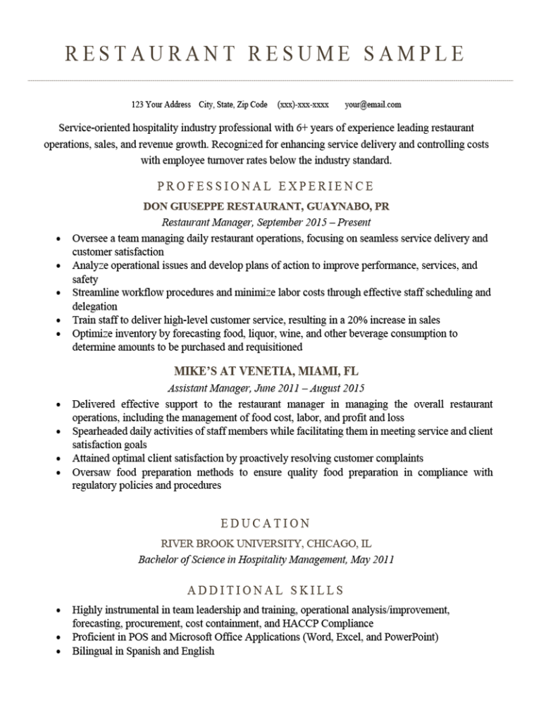 resume for restaurant Server resume restaurant catering pdf examples ...