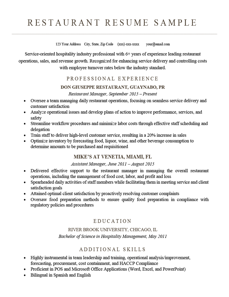 professional summary for resume restaurant manager