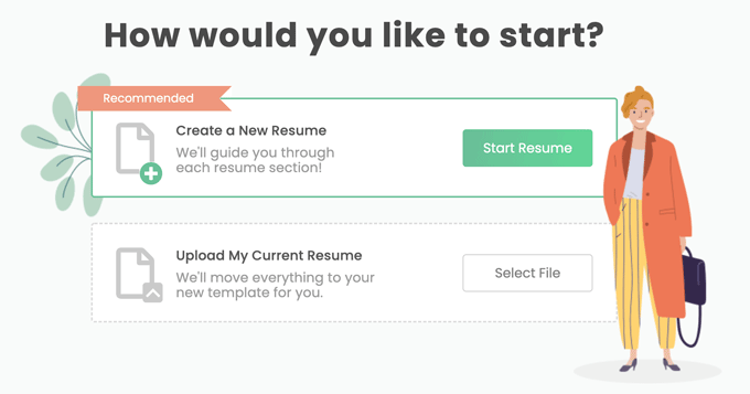 A screenshot of an online resume generator's page that lets you choose whether to start from scratch or upload your current resume