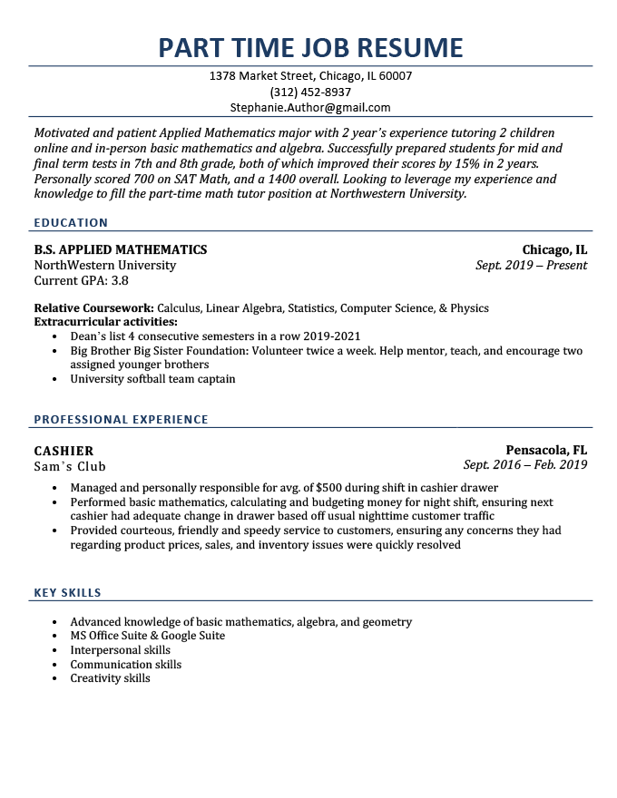 An example of a resume for a part time job
