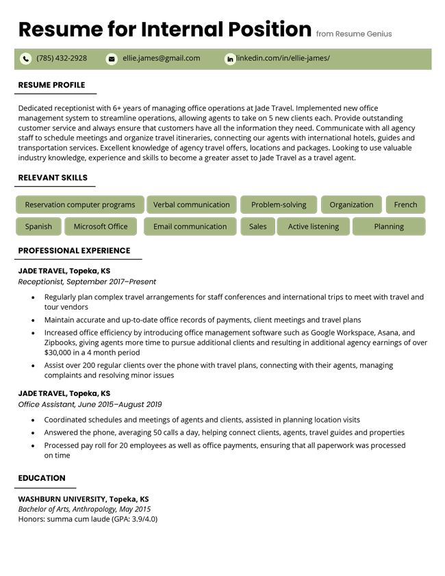 Example of a resume for an internal position.