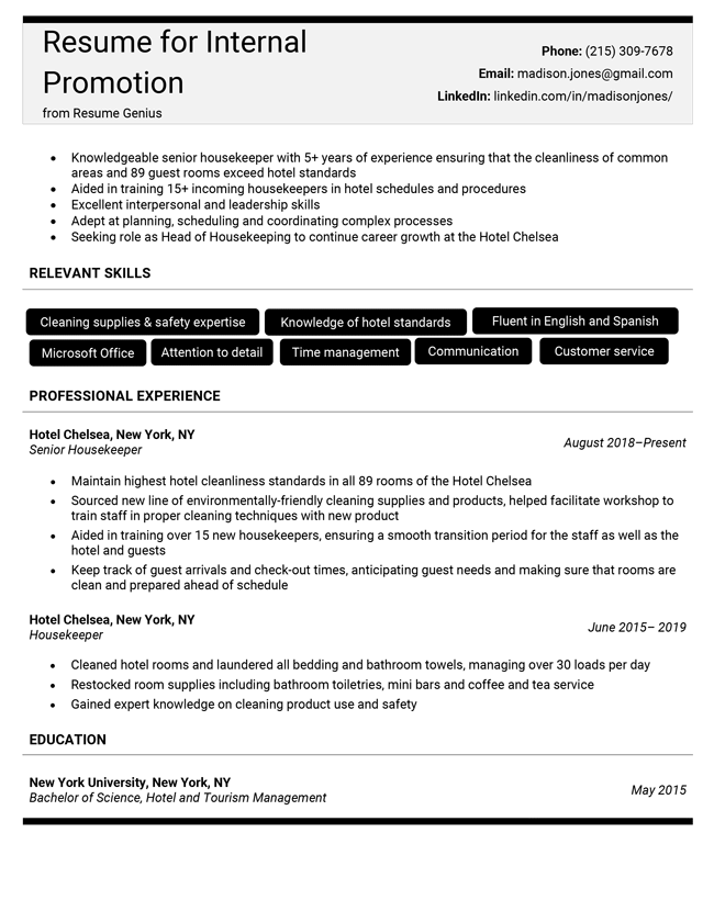 Example of a resume for an internal promotion.