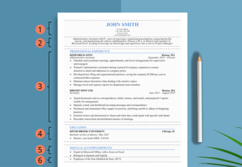 A graphic showing a classic resume divided into six numbered segments set against a blue background with a silver pencil and a house plant.