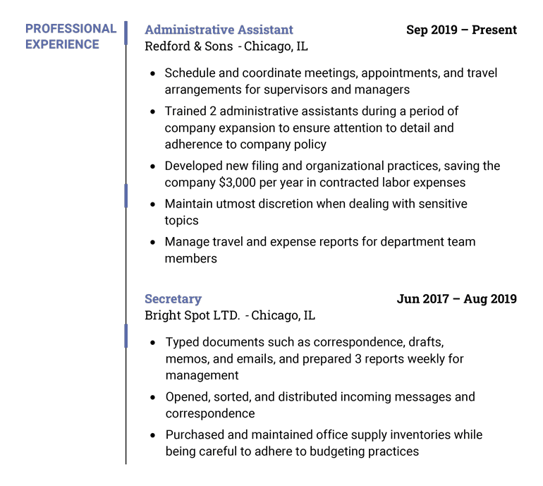 Example of a work experience section for a resume outline.