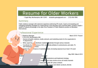 A cartoon senior citizen sitting at a desk beside a large image of a resume for older workers