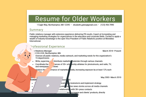 A cartoon senior citizen sitting at a desk beside a large image of a resume for older workers