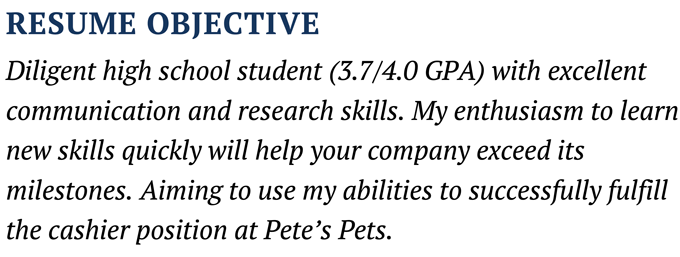 A cashier resume objective example with a purple header