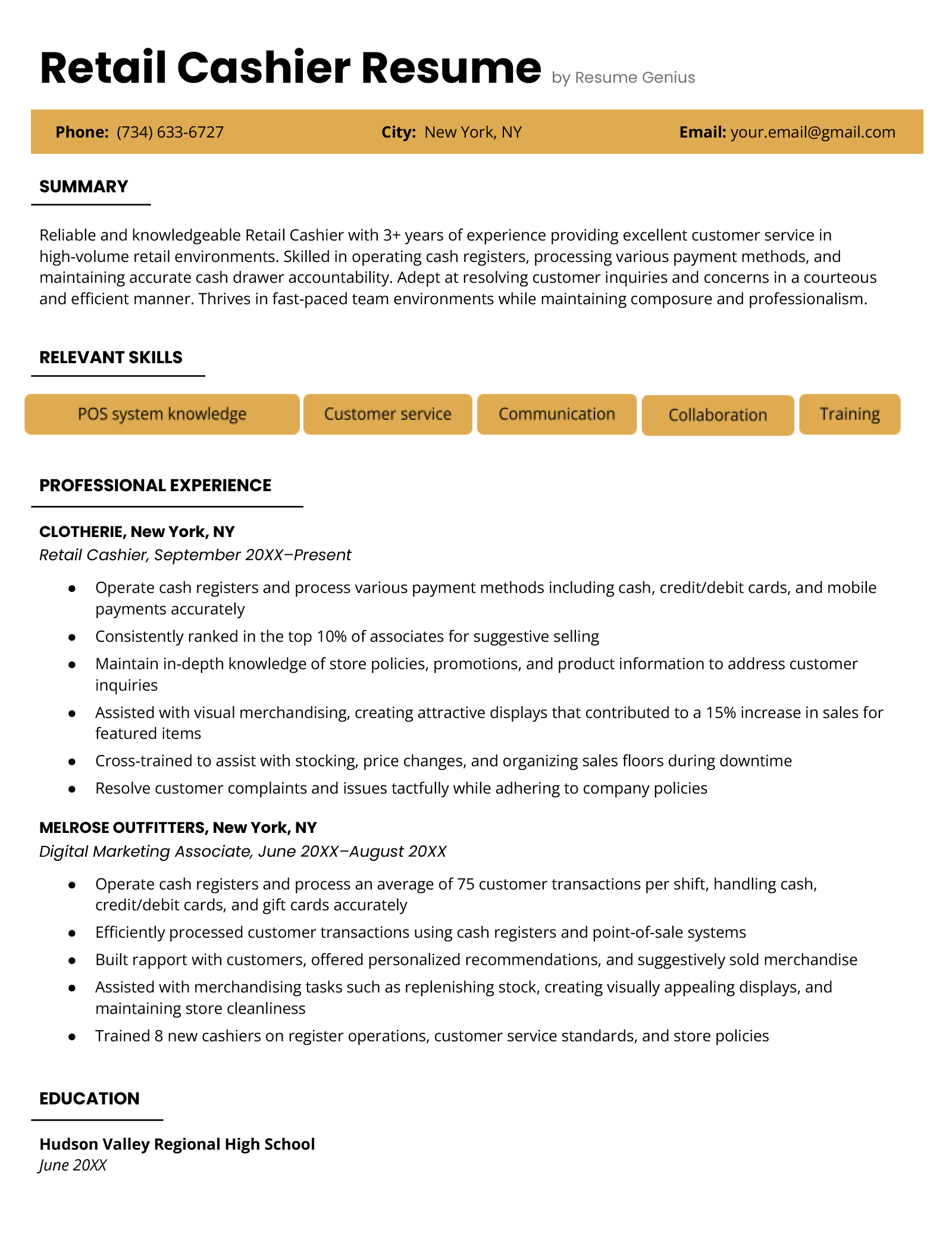 Example of a resume for a retail cashier. 
