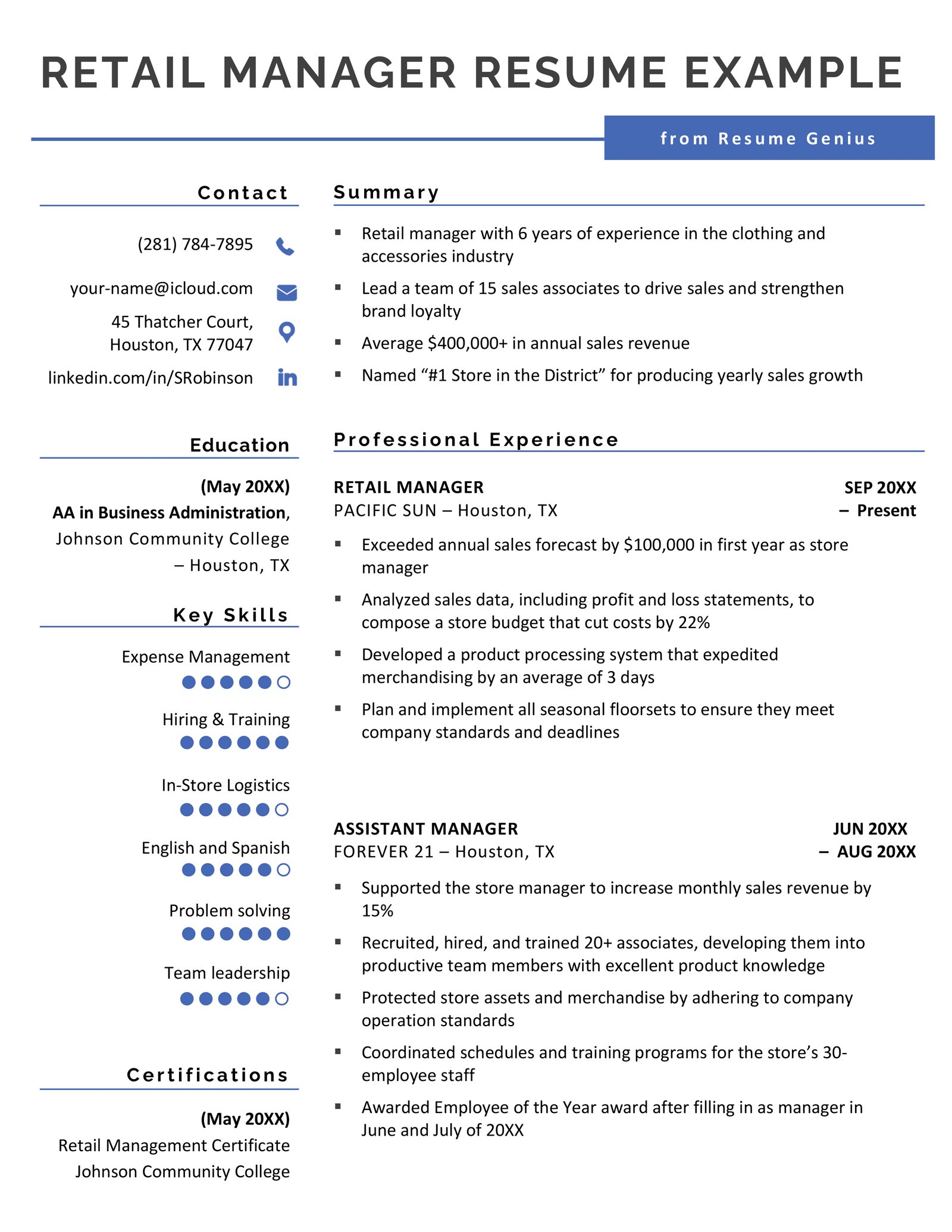 An example retail manager resume