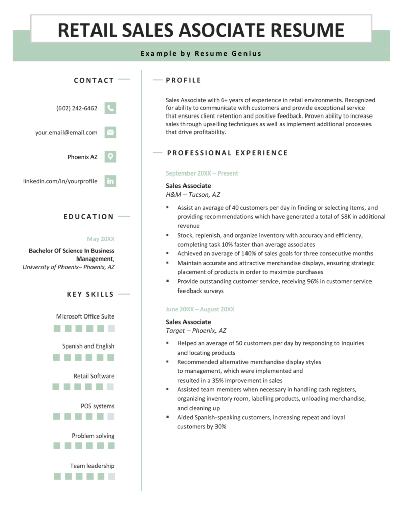professional summary resume for retail