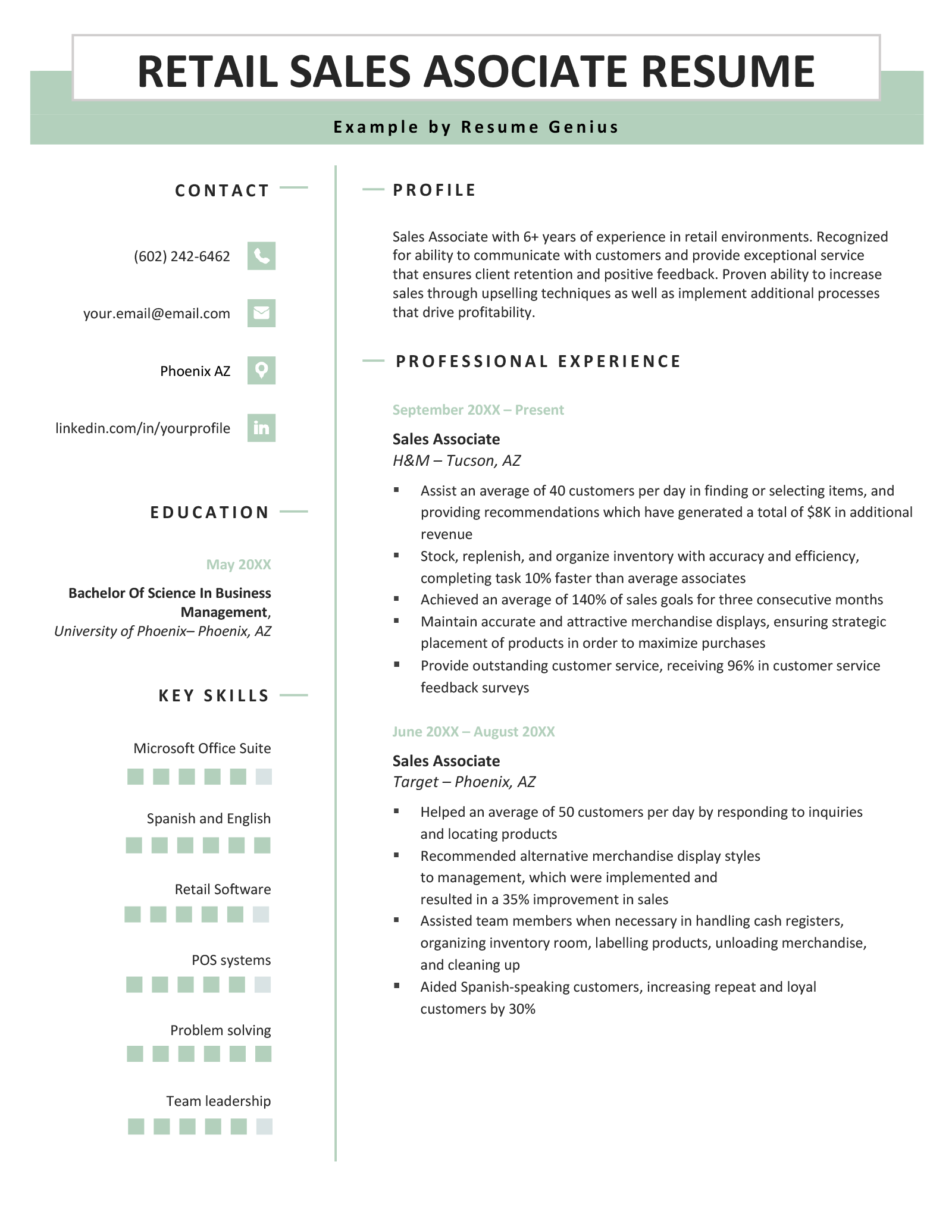Example of a retail sales associate resume that uses the chronological resume format, with two columns and light green design features.
