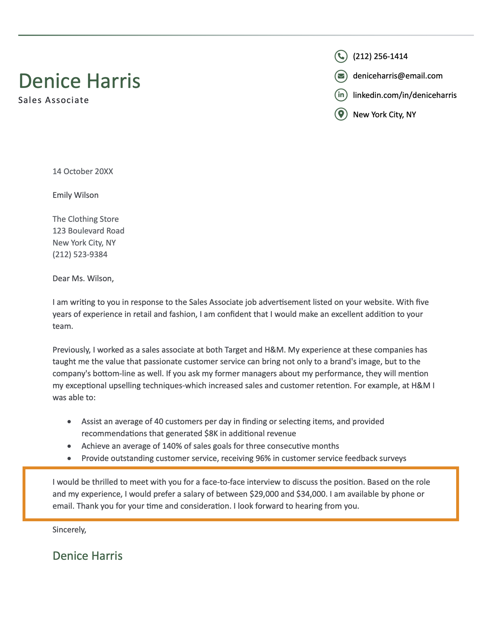 A full cover letter with salary requirements included in the final paragraph.
