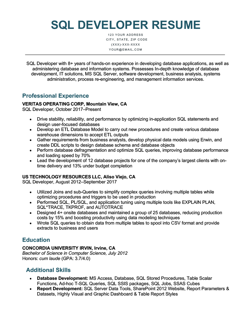 sample resume sql experience