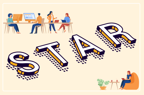 Image showing people working on their resumes with a large STAR title in the middle