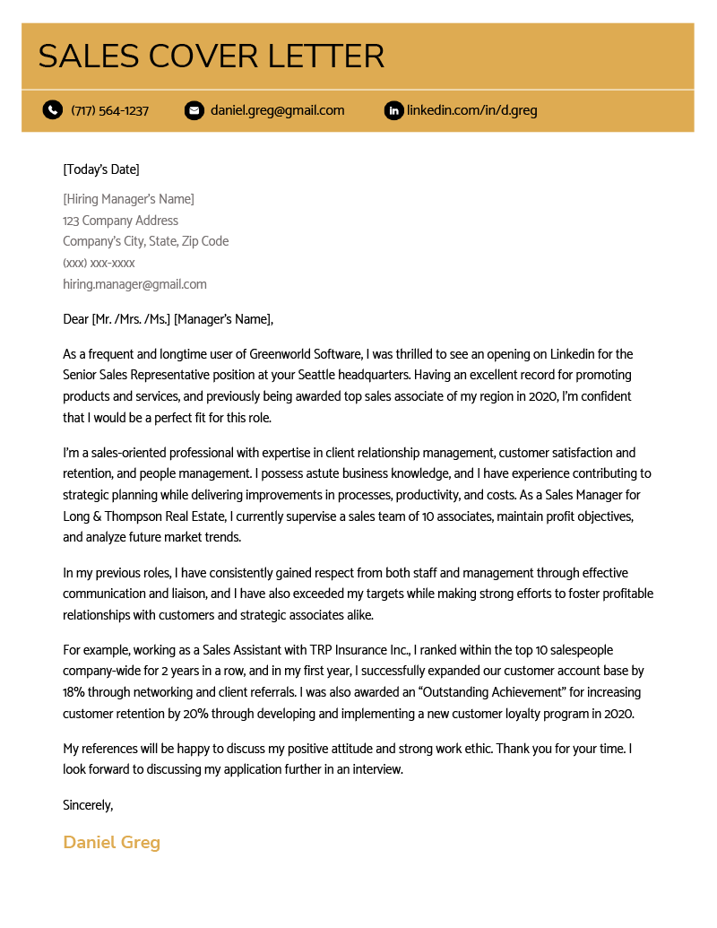 An example of a sales cover letter