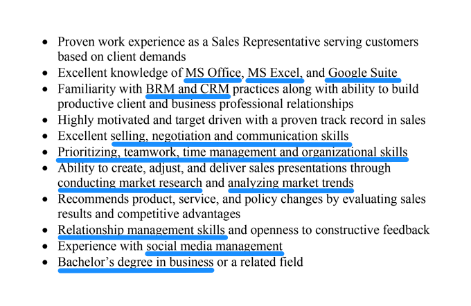 An example of a sales manager job posting with ATS keywords underlined
