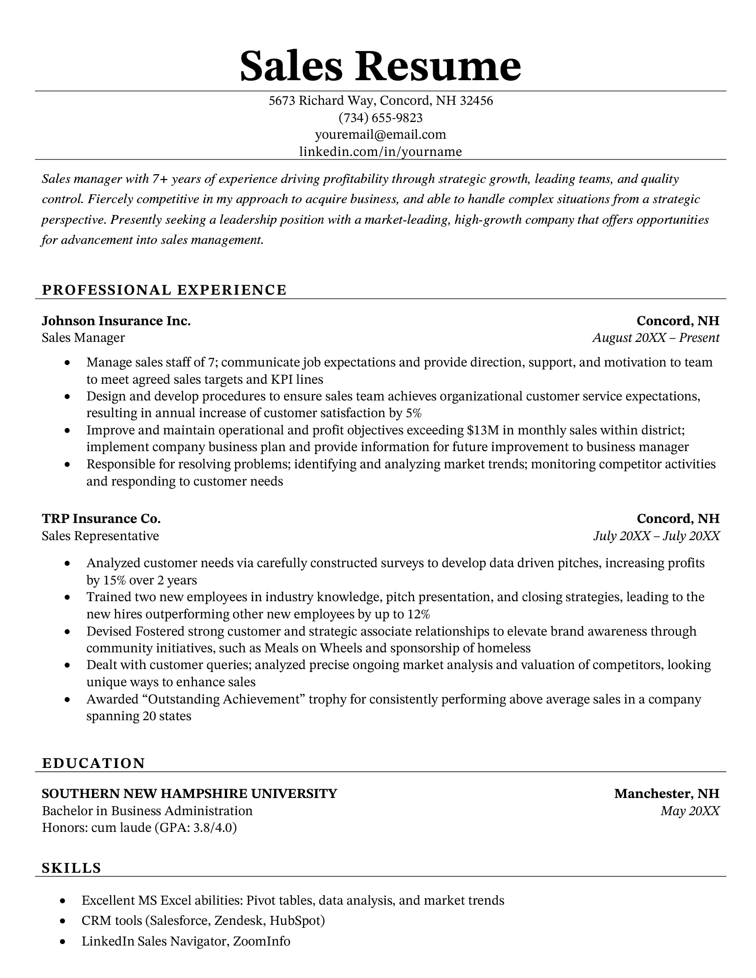 Sales resume sample using a formal, black and white design