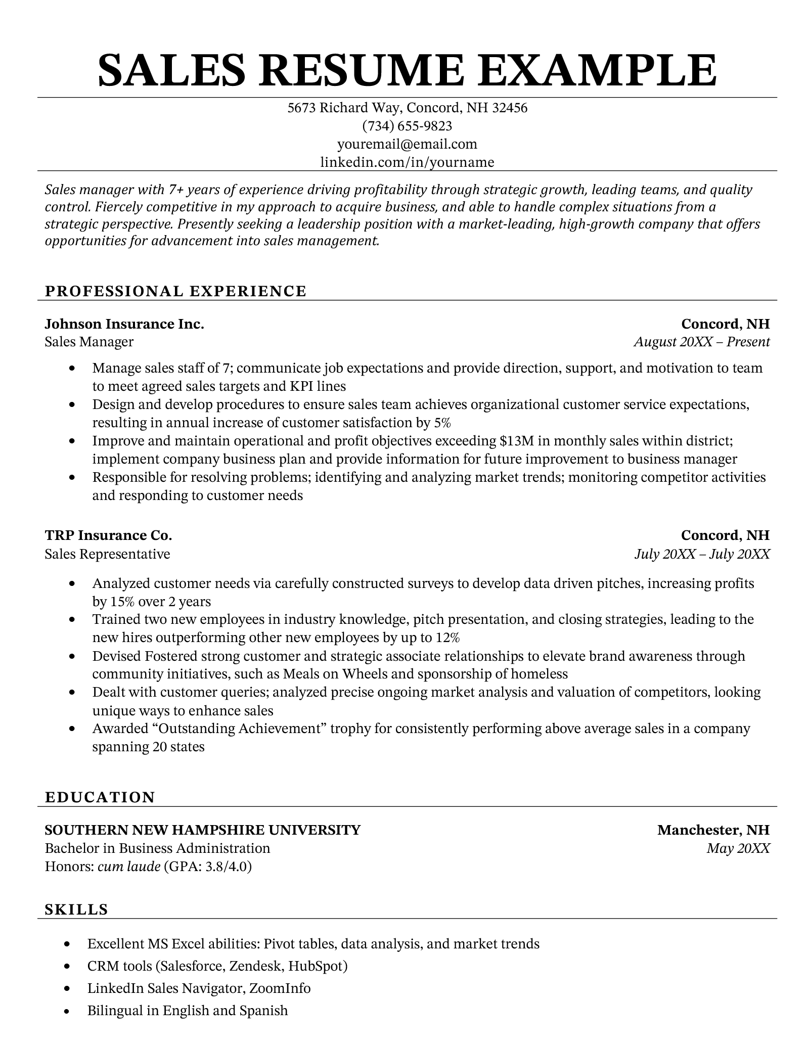 An example of a sales resume on a simple black and white template