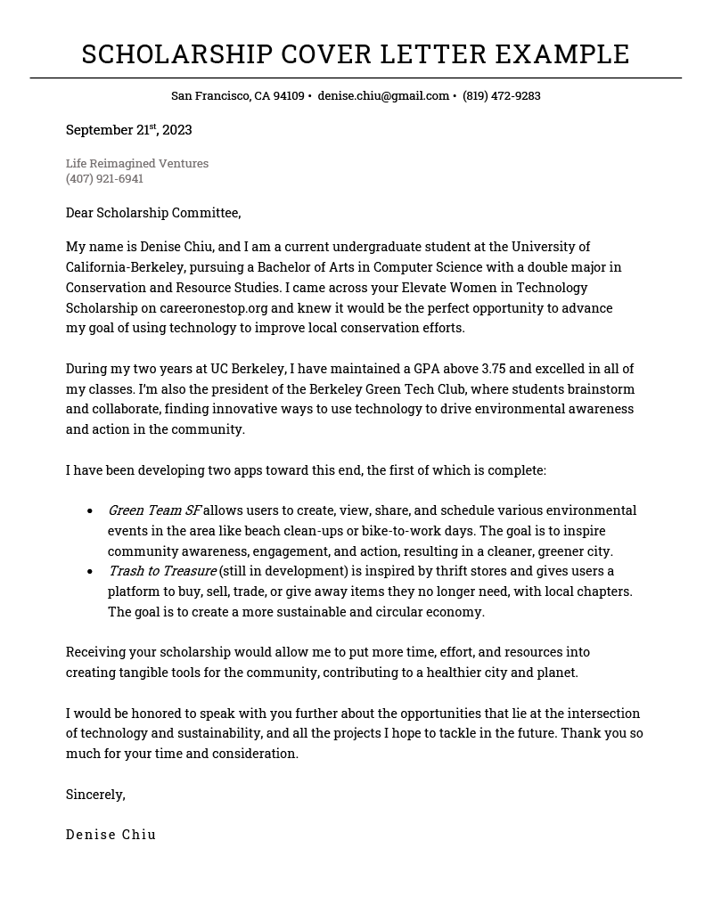 cover letter application for scholarship