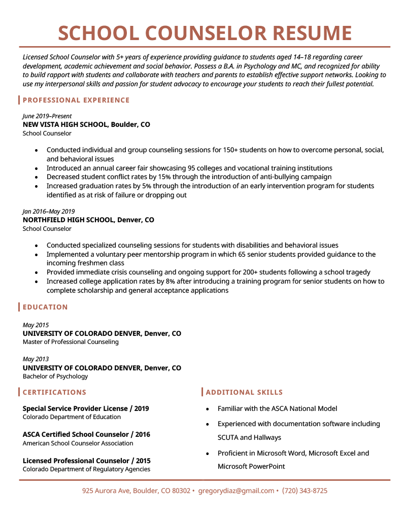an example of a resume for a school counselor