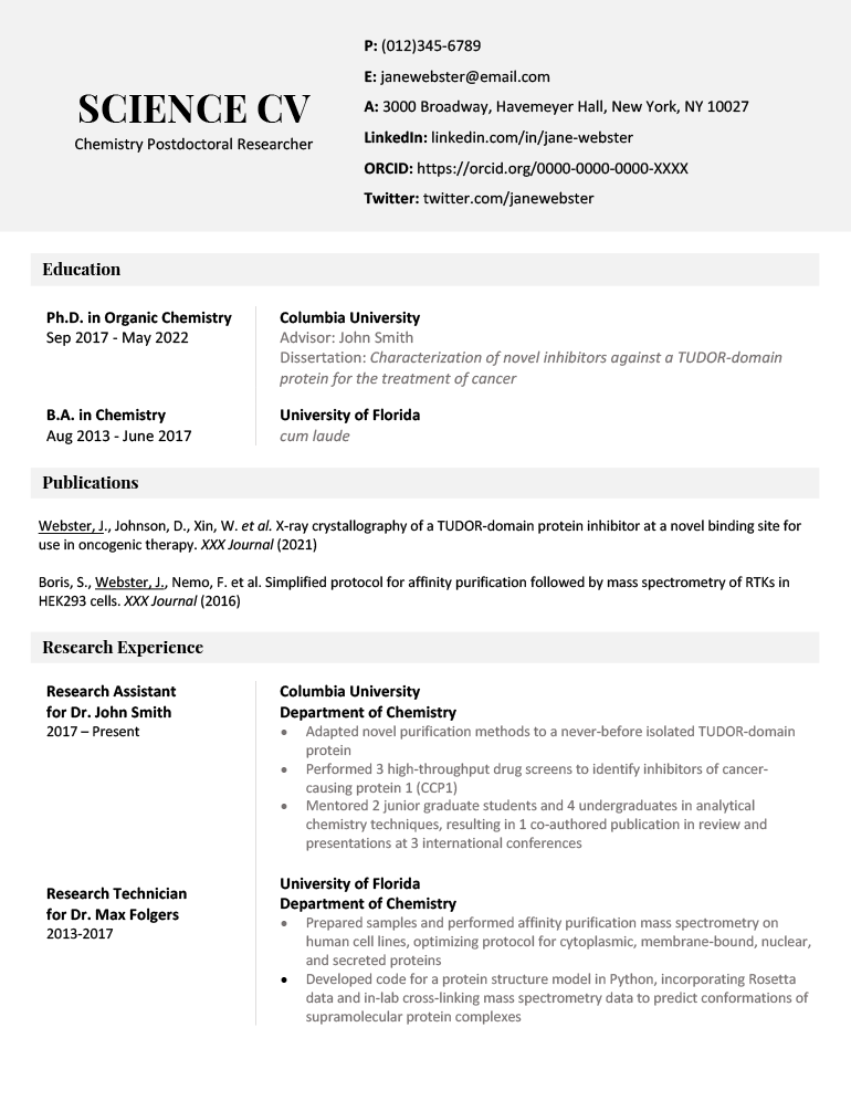 Example of a scientist's CV, featuring a section for research experience.