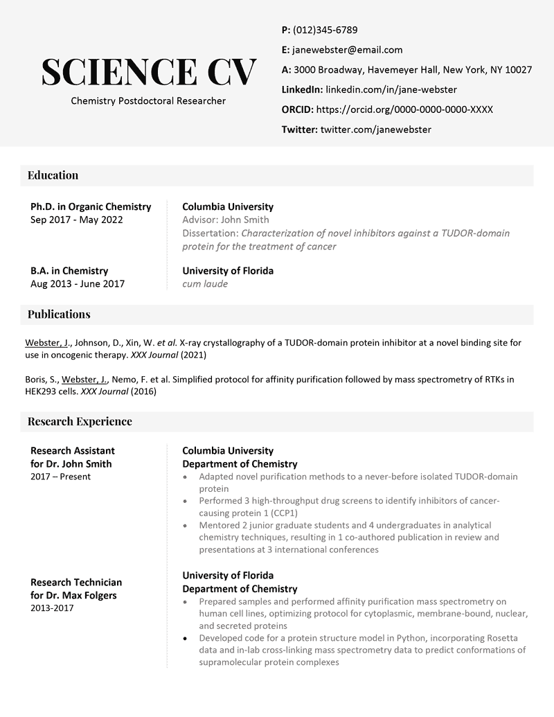 Science CV example and template