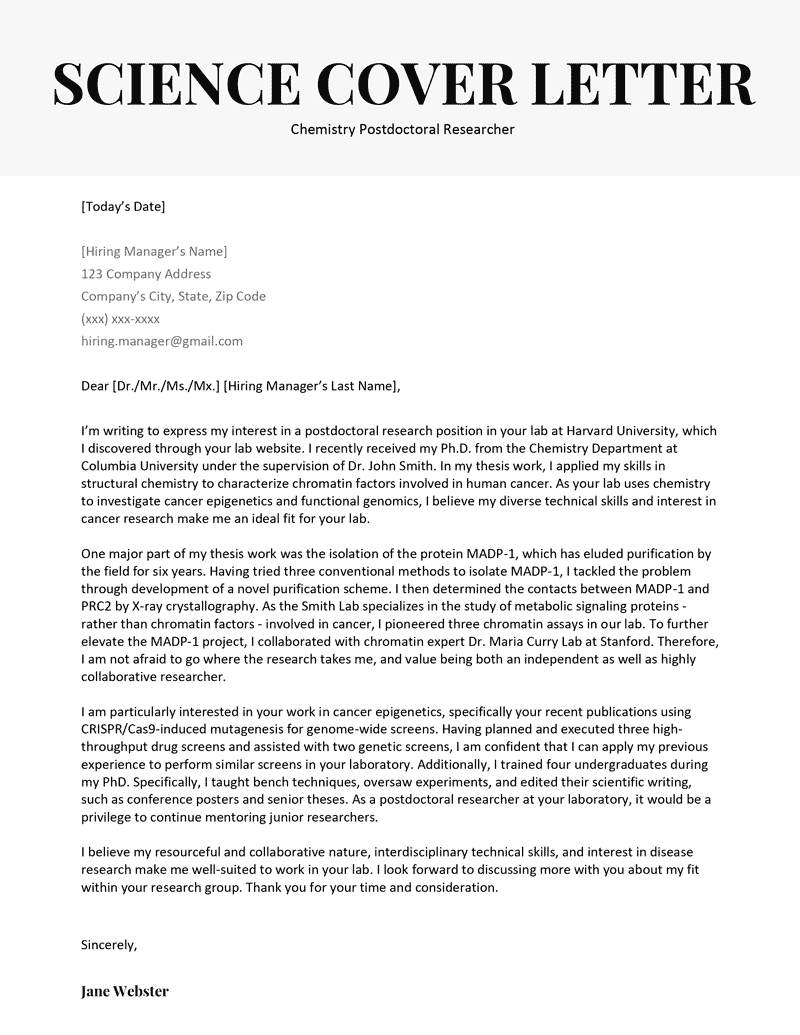 Science cover letter example