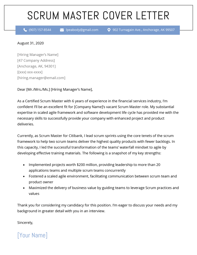 A scrum master cover letter example template