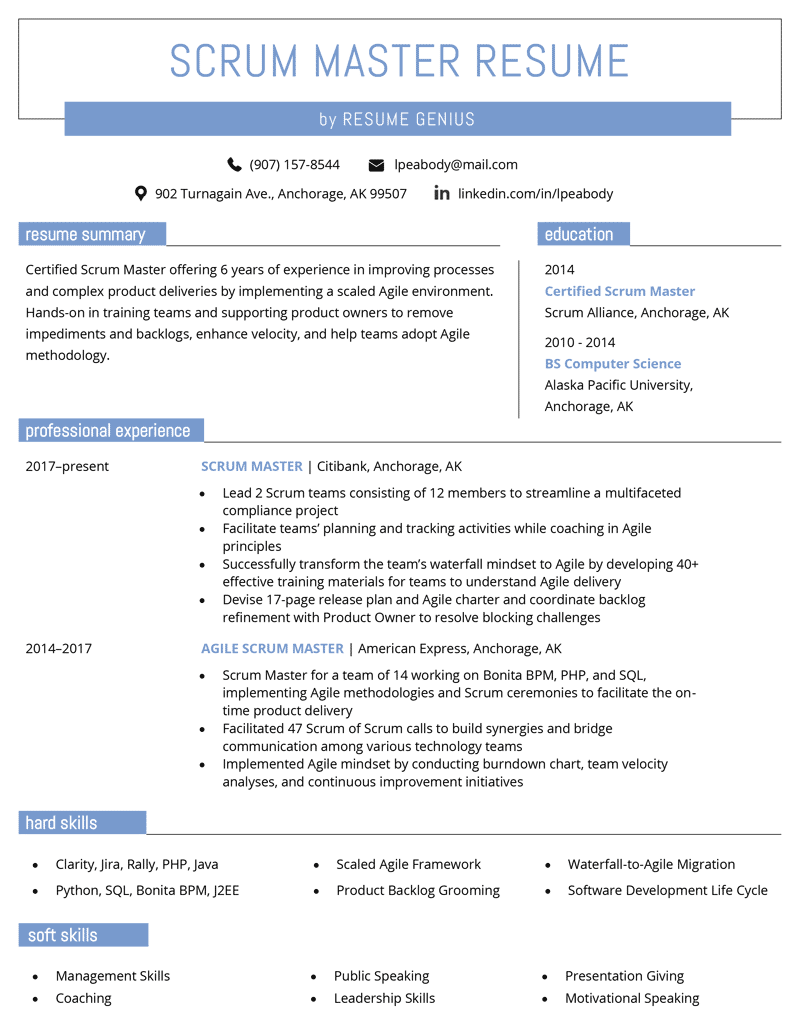 A scrum master resume example on a template with blue headings and icons in the applicant's contact information section
