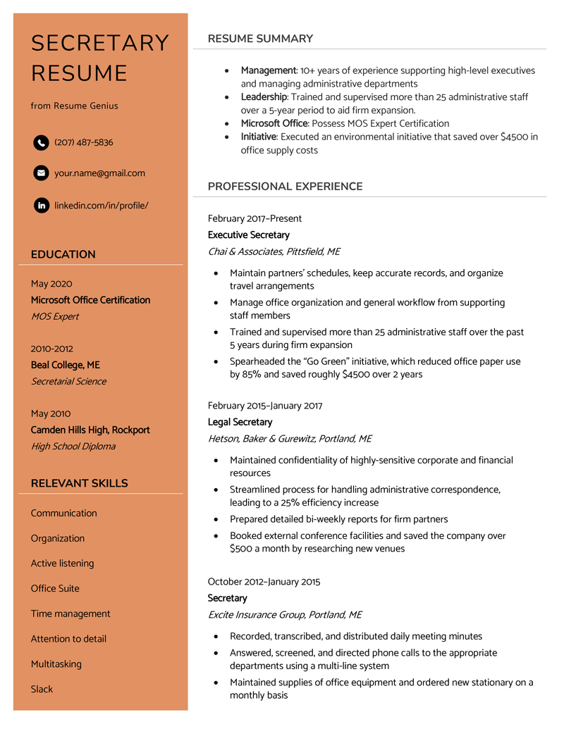 An orange secretary resume example