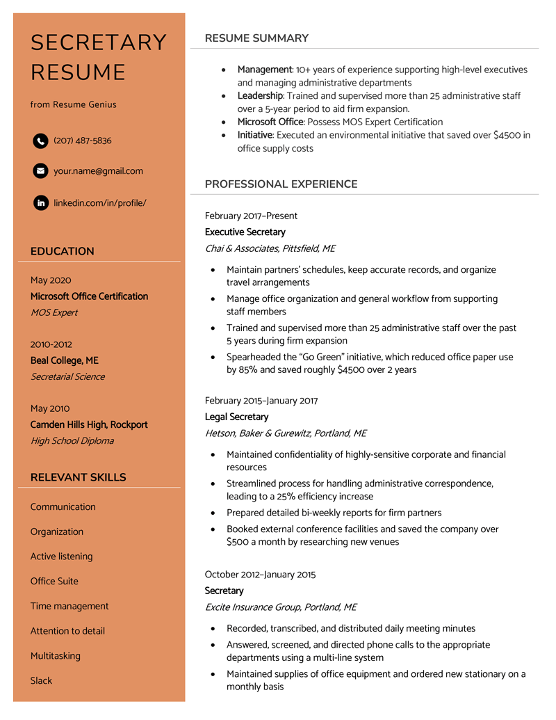 Sample Of Secretary Resume