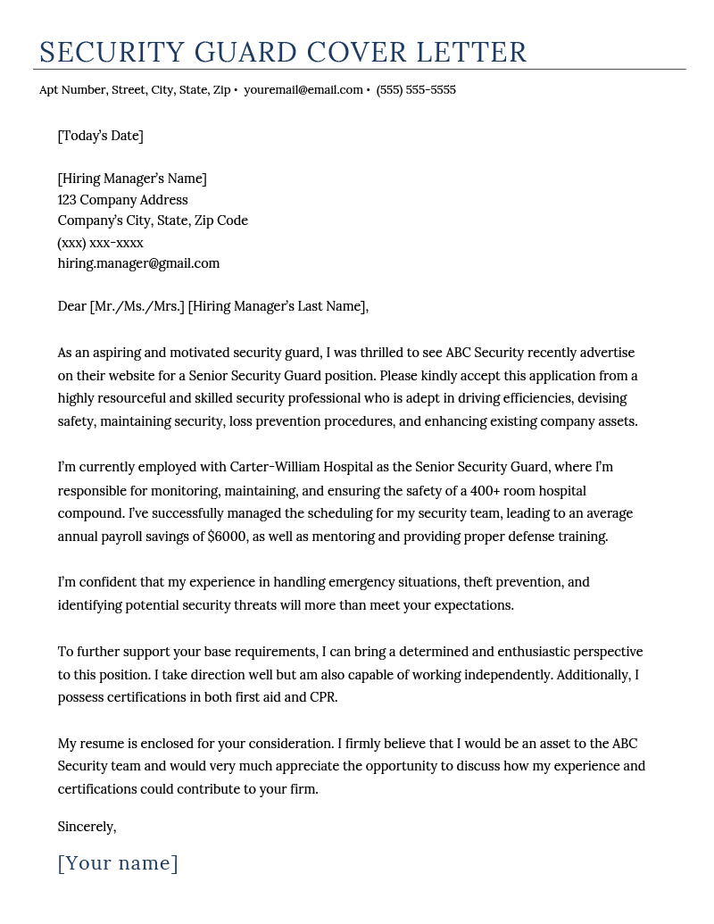 An example of a security guard cover letter