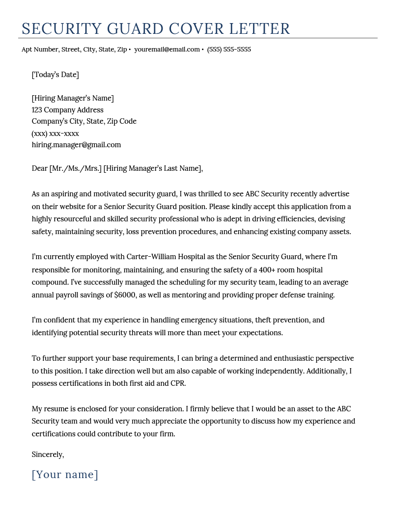 cover letter for security agent job