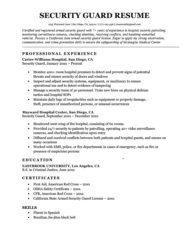 Resume Examples For Security Guard