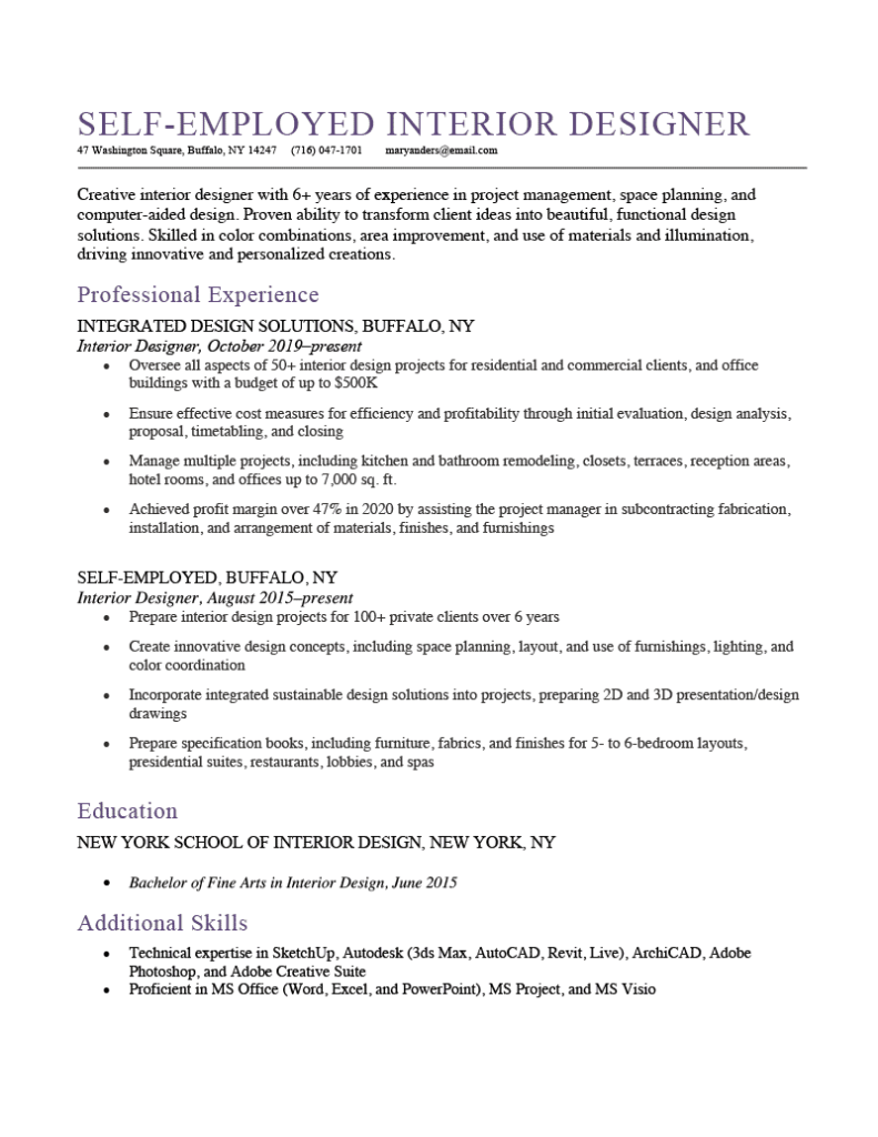 An interior designer's resume example, showcasing their part-time freelancing role alongside their full-time job.