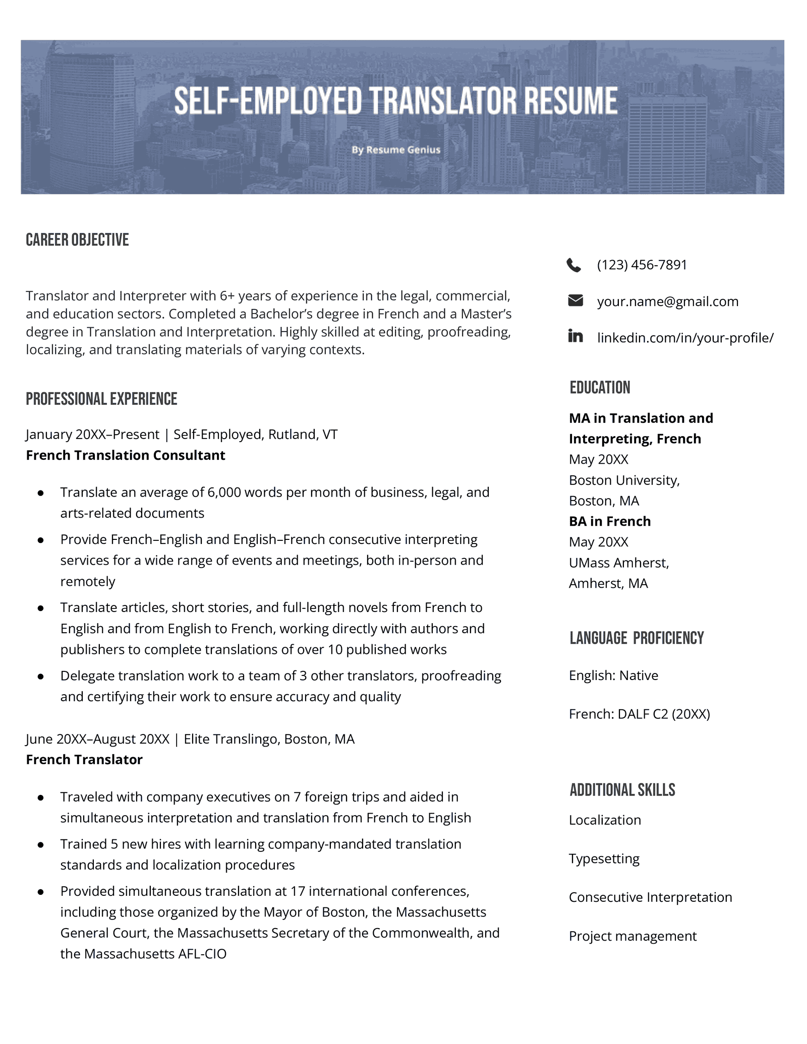 A self-employed resume sample that effectively showcases the full-time self-employment in the work experience section by using an appropriate company name and job title, and listing specific projects and accomplishments in a bullet point list