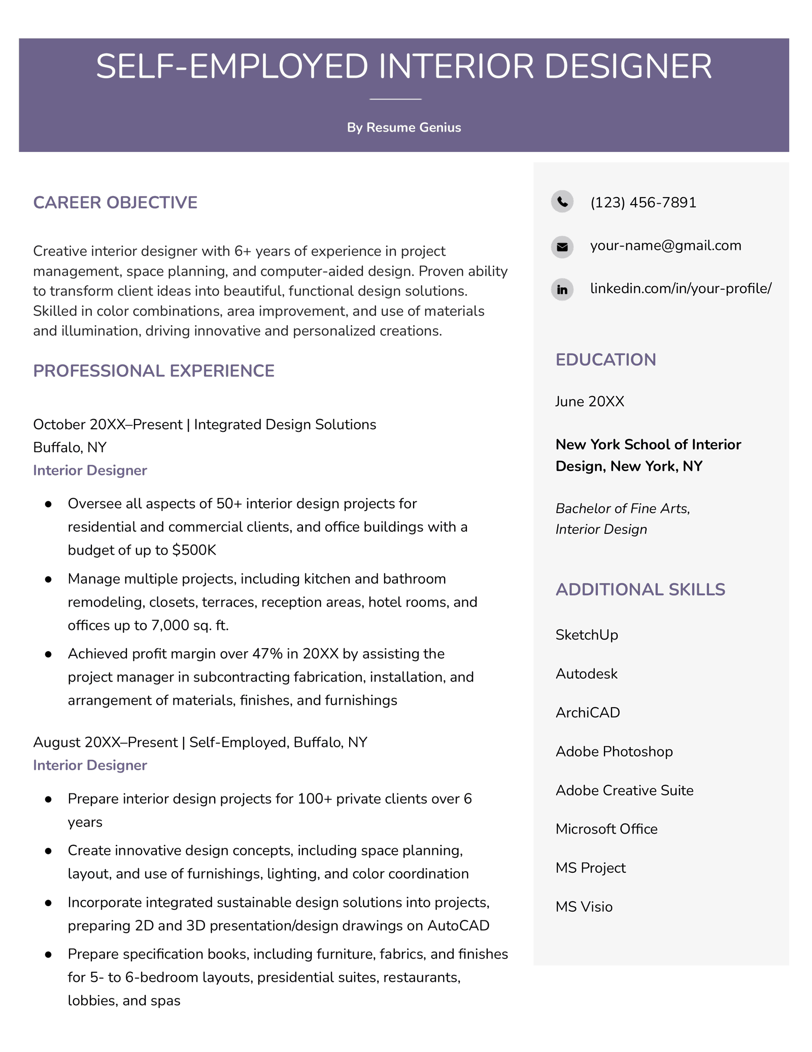 A self-employed resume sample that effectively showcases the part-time self-employment in the work experience section by using an appropriate company name and job title, and listing specific projects and accomplishments in a bullet point list.