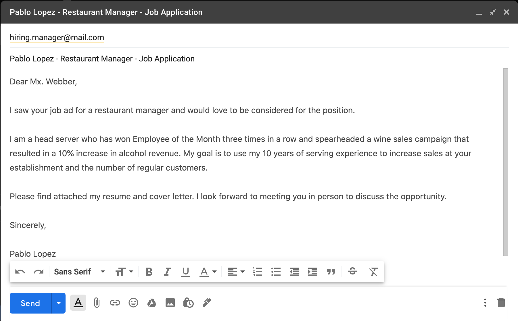 sample of email for sending resume