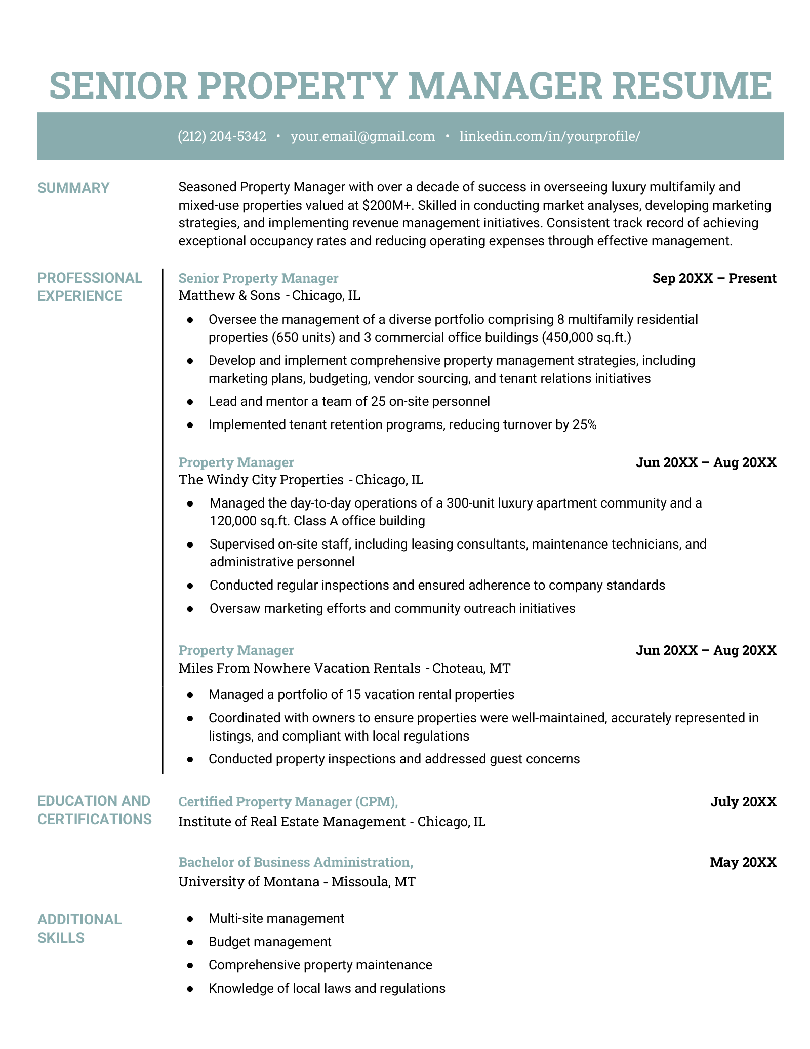 Resume template for a senior-level property manager.