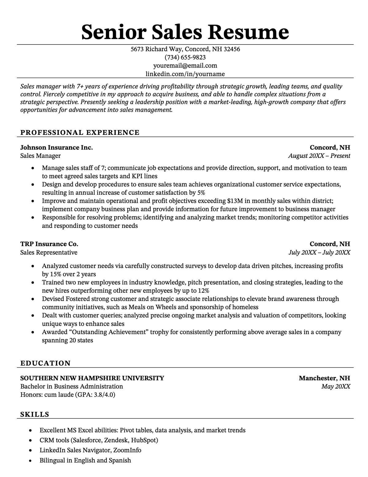 A strong example of a senior sales resume.