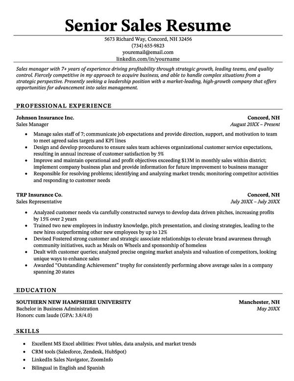 A strong example of a senior sales resume.