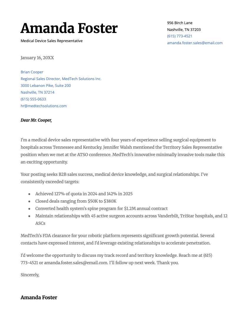 A sample of the "Serif" Google Docs cover letter template