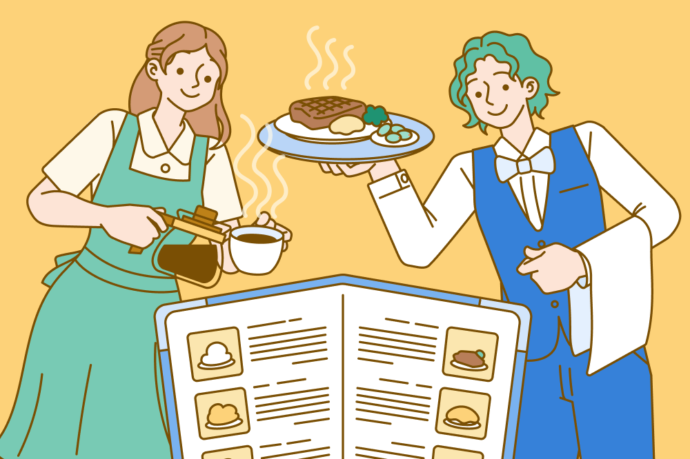 Four staff workers in a restaurant to represent server skills