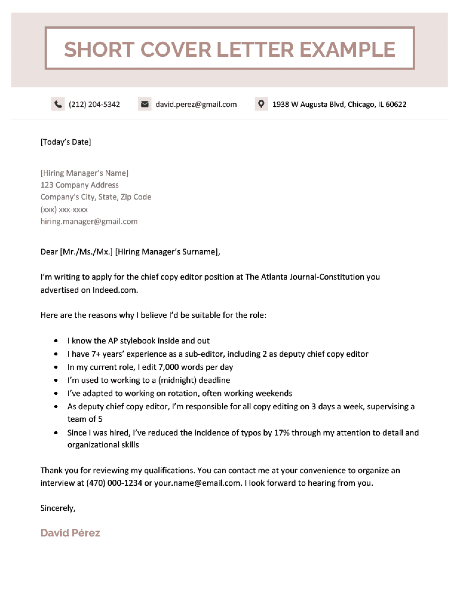 An example of a short cover letter that uses bullet points.