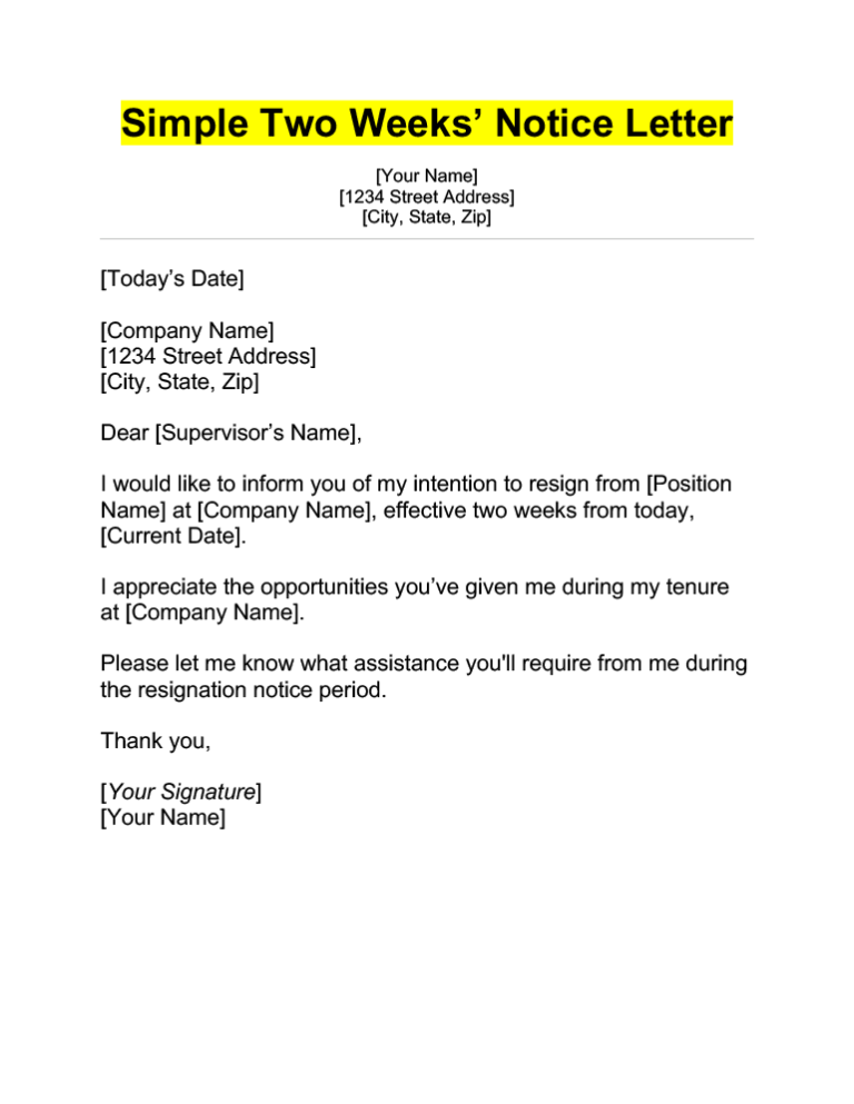 Two Weeks Notice Letter: 4  Examples Template