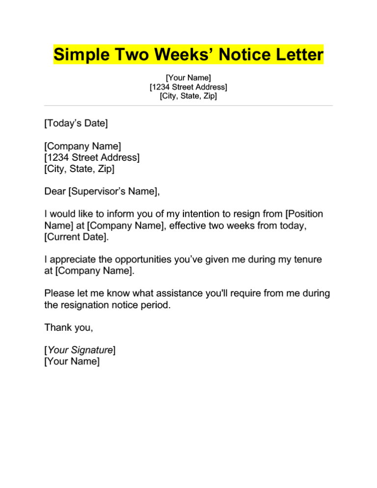 Two Weeks Notice Letter 4 Examples And Template 8898