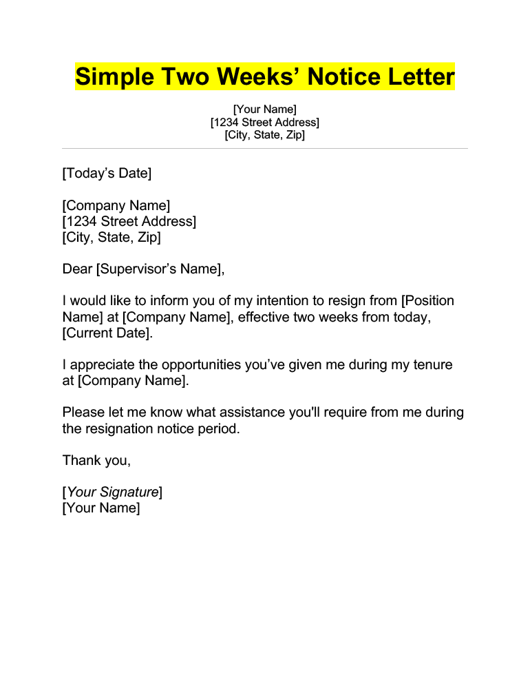 Example of a simple two weeks' notice letter template, featuring generic but professional language.