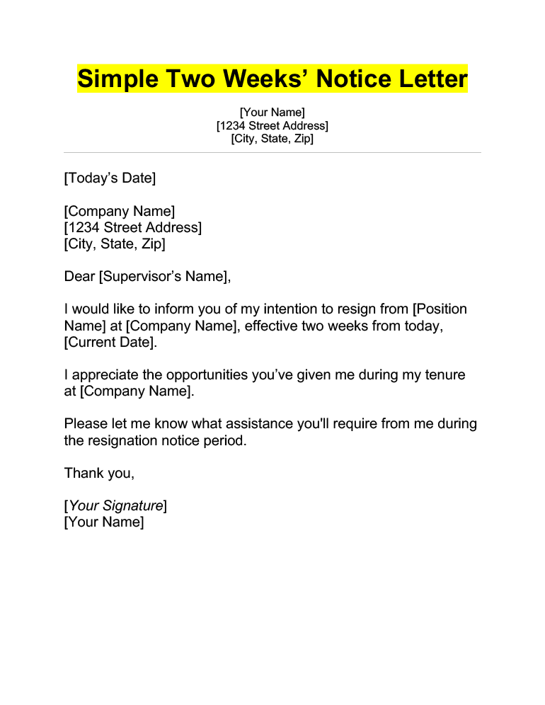 Two Weeks Notice Letter: 4  Examples Template (2023)